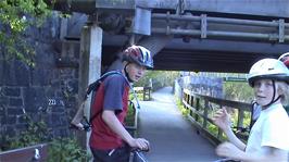 Ashley and Louis on the Totnes cycle path by the railway bridge, 34.4 miles into the ride